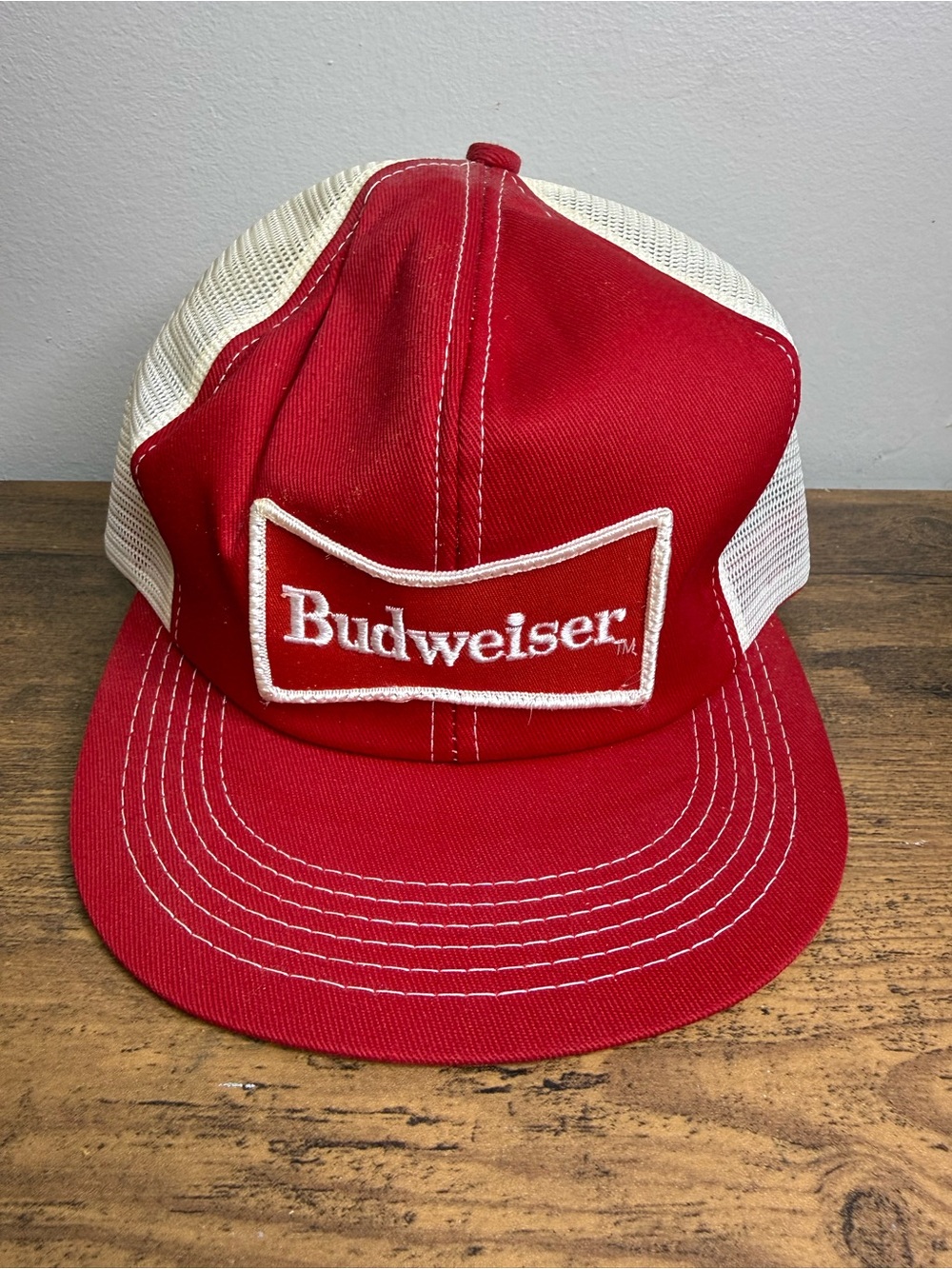 Vintage Budweiser Red and White Mesh Trucker Hat Foam Core